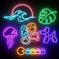 Neon Light Box Decorative Elements with Wave Leaf and Animal Shapes 3d model