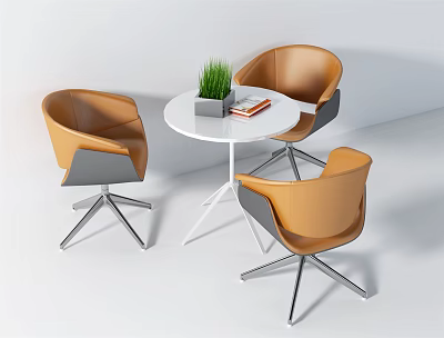 Modern White Round Table With Orange Gray Chairs Silver Metal Legs Potted Plant And Books 3d model