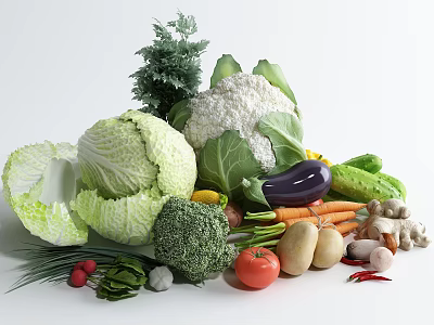 Assorted Fresh Vegetables Including Cabbage Cauliflower Broccoli Carrots Tomatoes Potatoes On White Background 3d model