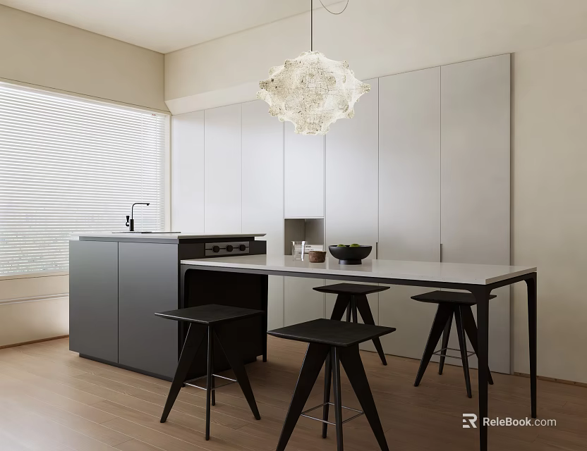 Modern Dining Table Set With Bar Stools Kitchen Cabinets And Pendant Light 3d model