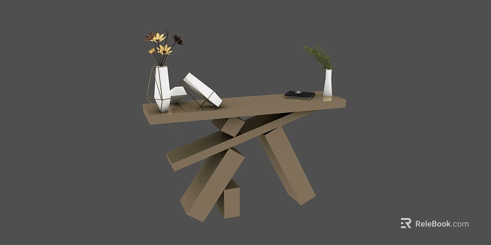 Modern Brown Console Table With Geometric Design And Vase Books Green Plant On Tabletop 3d model 