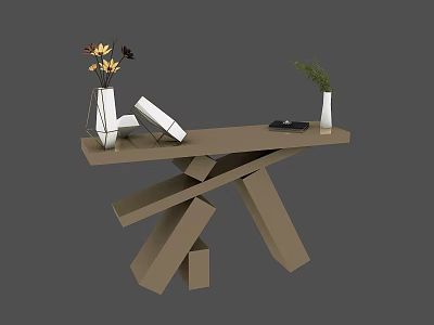 Modern Brown Console Table With Geometric Design And Vase Books Green Plant On Tabletop 3d model