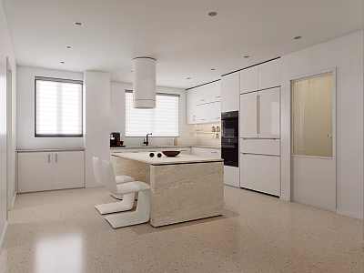 Bright Modern Minimalist White Kitchen With Marble Island And Functional Built In Appliances 3d model