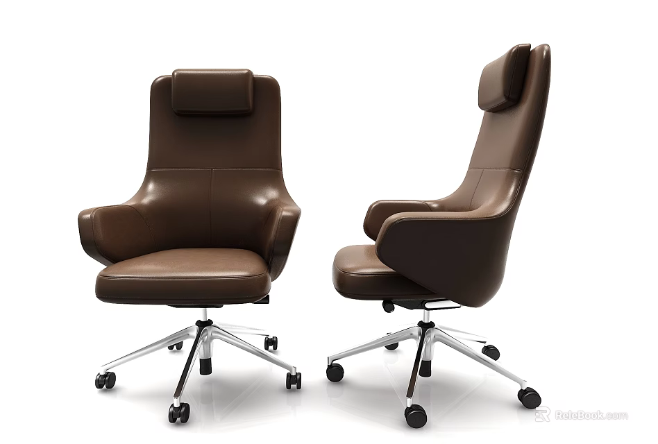 Brown Leather Office Chair with High Back Armrests and Swivel Wheeled Base 3d model 