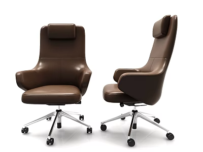 Brown Leather Office Chair with High Back Armrests and Swivel Wheeled Base 3d model