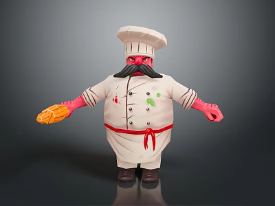 Cartoon Chef Character With Chef Hat Mustache White Uniform Red Belt Holding Bread 3d model