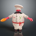 Cartoon Chef Character With Chef Hat Mustache White Uniform Red Belt Holding Bread