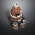 Handcrafted Clay Sculpture With Conical Form White Decorative Edges Artisan Tools And Firewood