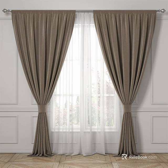 Brown Velvet Curtains With Sheer Layers And Elegant Pleats On White Wall Window 3d model 