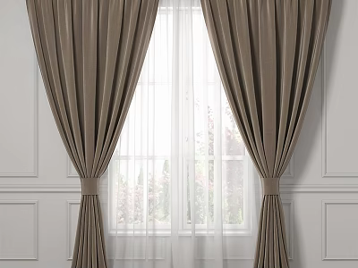 Brown Velvet Curtains With Sheer Layers And Elegant Pleats On White Wall Window 3d model