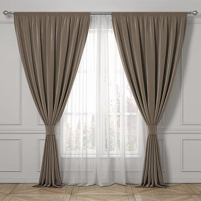 Brown Velvet Curtains With Sheer Layers And Elegant Pleats On White Wall Window 3d model