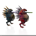 Two Vibrant Spiked Fantasy Creatures With Colorful Bodies And Green Objects