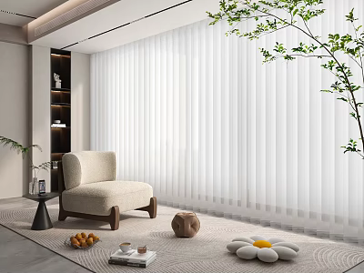 White Sheer Curtains In Modern Minimalist Living Room With Beige Armchair And Green Plant 3d model