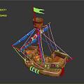 Wooden Model Sailing Ship With Mast Black Yellow Flags And Decorative Design