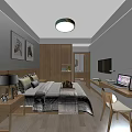 Modern Hotel Room Interior Design With Comfortable Bed Nightstand Lamp TV Desk Chair And Artwork