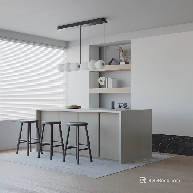 Modern Dining Counter Set With Three Bar Stools And Decorative Shelf Items 3d model