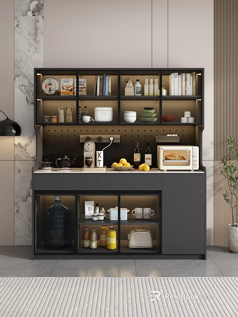 Modern Kitchen Sideboard Cabinet With LED Lighting Coffee Maker And Fruit Bowl Storage 3d model 