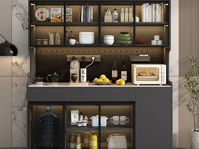 Modern Kitchen Sideboard Cabinet With LED Lighting Coffee Maker And Fruit Bowl Storage 3d model