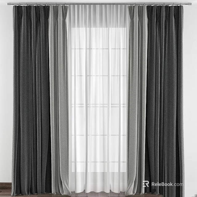 Dark Heavy Curtains With White Sheer Panel For Window Interior Design 3d model 