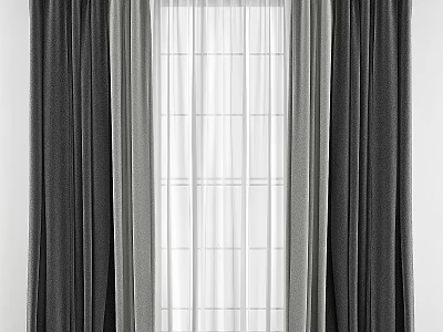 Dark Heavy Curtains With White Sheer Panel For Window Interior Design 3d model
