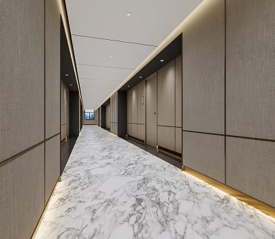 Sleek Modern Hotel Corridor With Marble Floor Ambient Lighting And Wooden Doors 3d model
