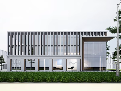 Modern Industrial Factory Building Exterior With Glass Curtain Walls And Landscaping 3d model