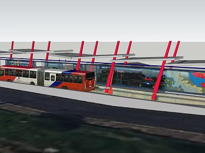 Ship Showcased In Modern Transport Hub With Buses And Red Pillars 3d model