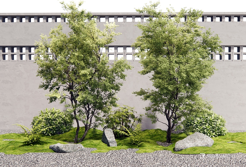Green Leafy Trees in Garden Setting with Gray Wall Windows Grass and Stones 3d model 