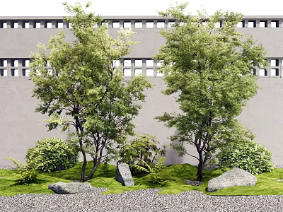 Green Leafy Trees in Garden Setting with Gray Wall Windows Grass and Stones 3d model