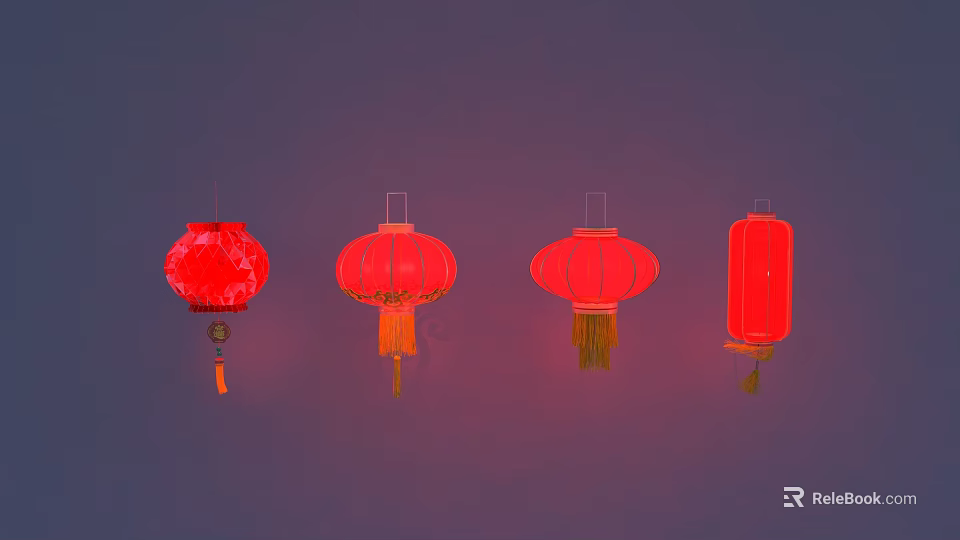 Four Red Lanterns of Various Styles Displayed on Purple Background 3d model 