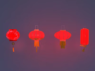 Four Red Lanterns of Various Styles Displayed on Purple Background 3d model