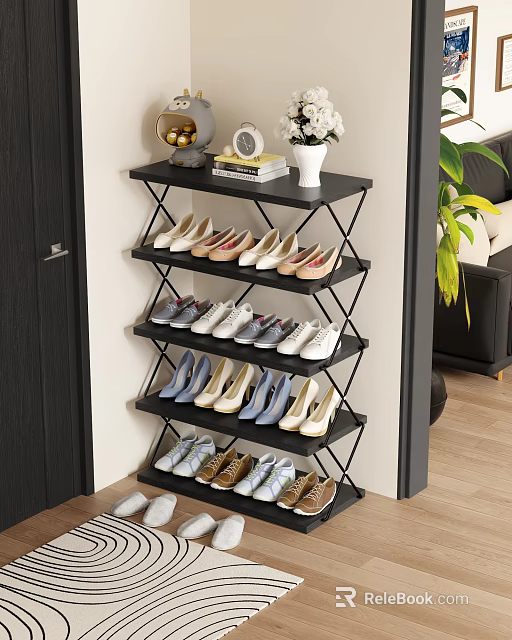 Multi Tier Black Shoe Rack Organizing Heels Sneakers And Casual Shoes 3d model 