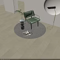 Green Accent Chair With Metal Armrests Side Table Potted Plant Floor Lamp Round Decorative Wall Gray Rug