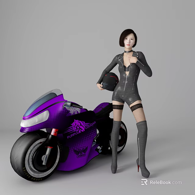 Woman in black leather outfit holding helmet next to purple motorcycle wearing fishnet stockings 3d model 