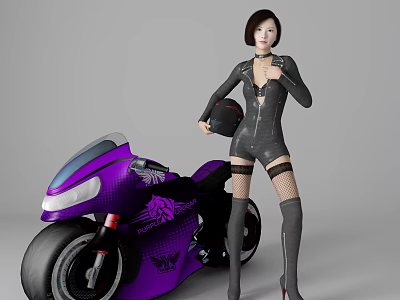 Woman in black leather outfit holding helmet next to purple motorcycle wearing fishnet stockings 3d model