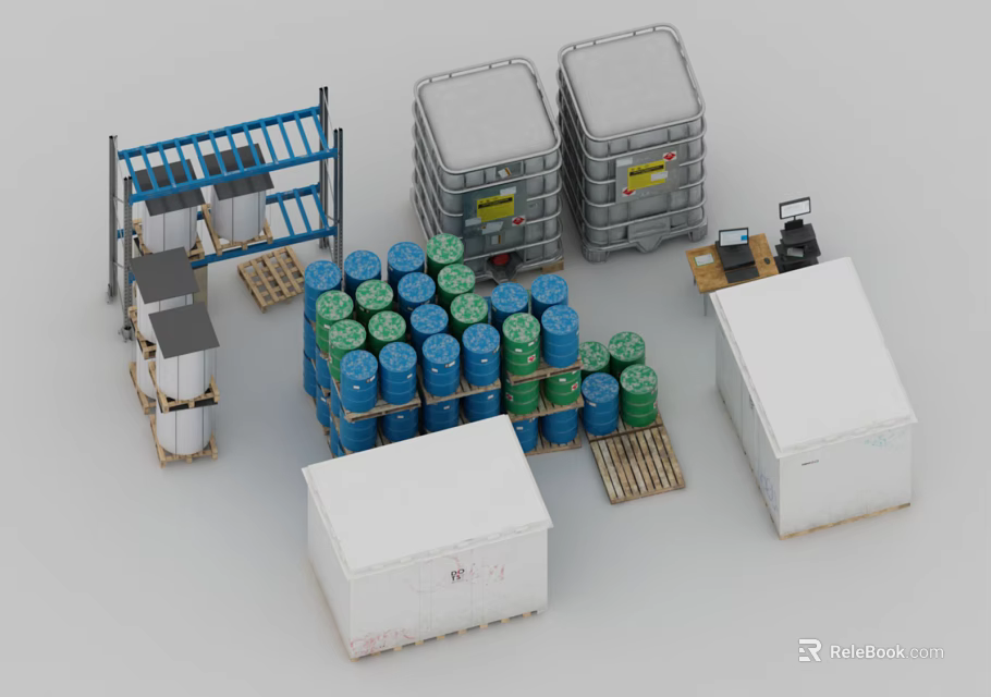 Industrial Storage Equipment With Stacked Drums Pallets Racks And Containers 3d model 
