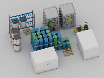Industrial Storage Equipment With Stacked Drums Pallets Racks And Containers 3d model