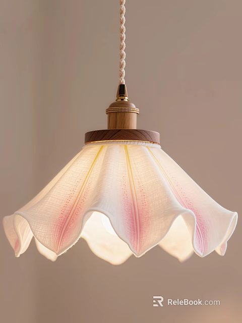Elegant Petal Shaped Pendant Light With White Pink Lampshade Wooden Top And Golden Accents 3d model 