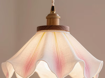 Elegant Petal Shaped Pendant Light With White Pink Lampshade Wooden Top And Golden Accents 3d model