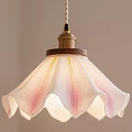 Elegant Petal Shaped Pendant Light With White Pink Lampshade Wooden Top And Golden Accents
