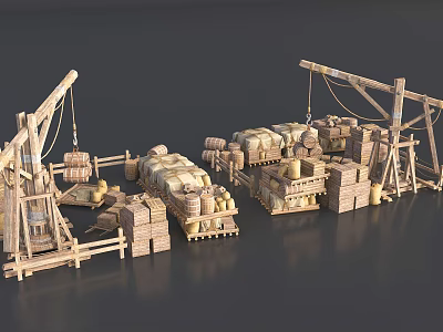 Ancient Wooden Functional Lifting Vehicle with Cargo Barrels Crates and Wooden Structures 3d model
