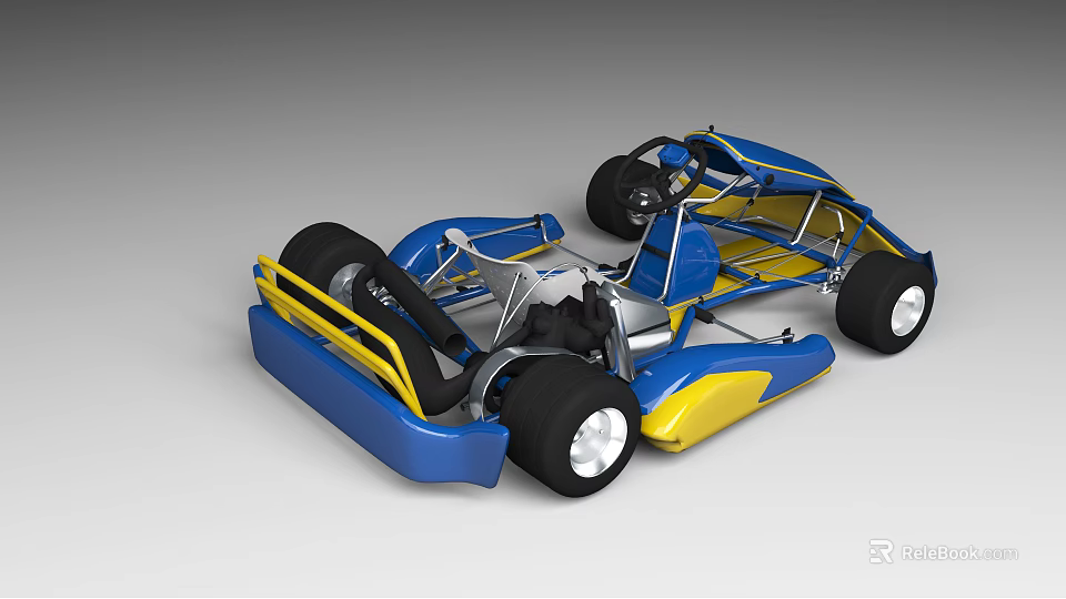 Blue and Yellow Race Car Chassis with Frame Seat and Wheels Structure 3d model 