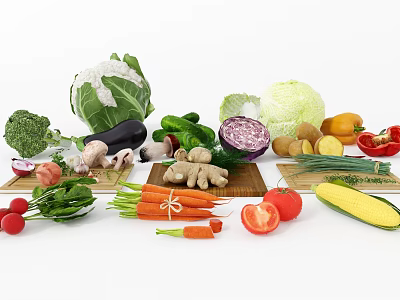 Assorted Fresh Vegetables Including Cabbage Broccoli Carrots And Tomatoes Arranged On Wooden Boards White Background 3d model