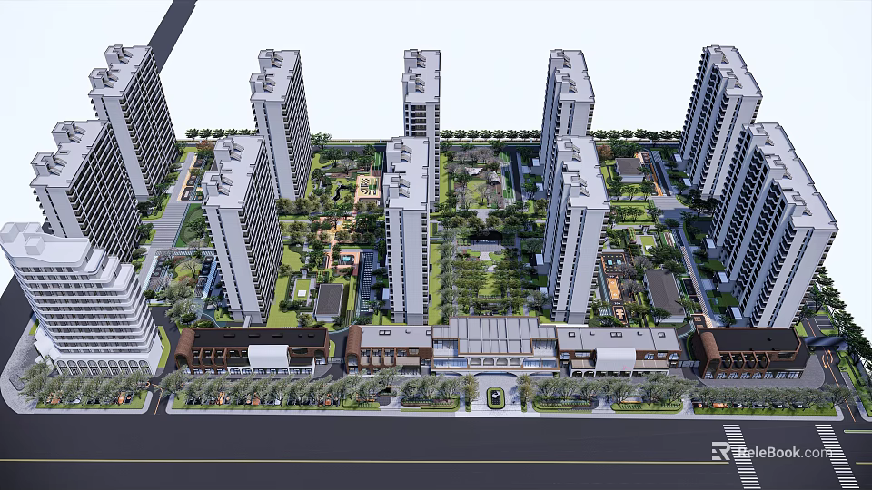 Modern Residential Complex With High Rise Buildings And Central Green Spaces 3d model 