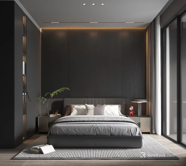 Modern Bedroom Interior With Dark Striped Walls Gray Bed And Floor to Ceiling Windows 3d model 