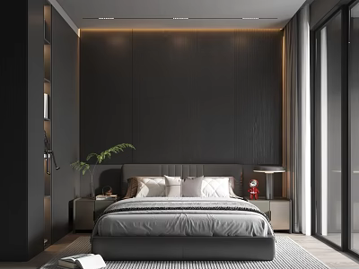 Modern Bedroom Interior With Dark Striped Walls Gray Bed And Floor to Ceiling Windows 3d model
