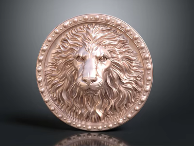 3D Rendered Rose Gold Weapon Shield With Round Lion Head Relief And Pearl Edge Design 3d model