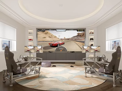 Modern Racing Simulator Room With Dual Seats Large Screen And Multiple Displays 3d model