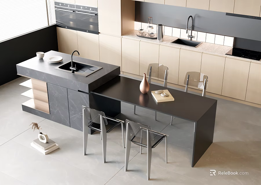 Modern Dining Table Set With Transparent Chairs And Black Countertop In Open Kitchen 3d model