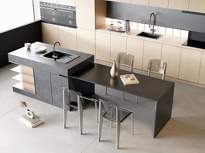 Modern Dining Table Set With Transparent Chairs And Black Countertop In Open Kitchen 3d model